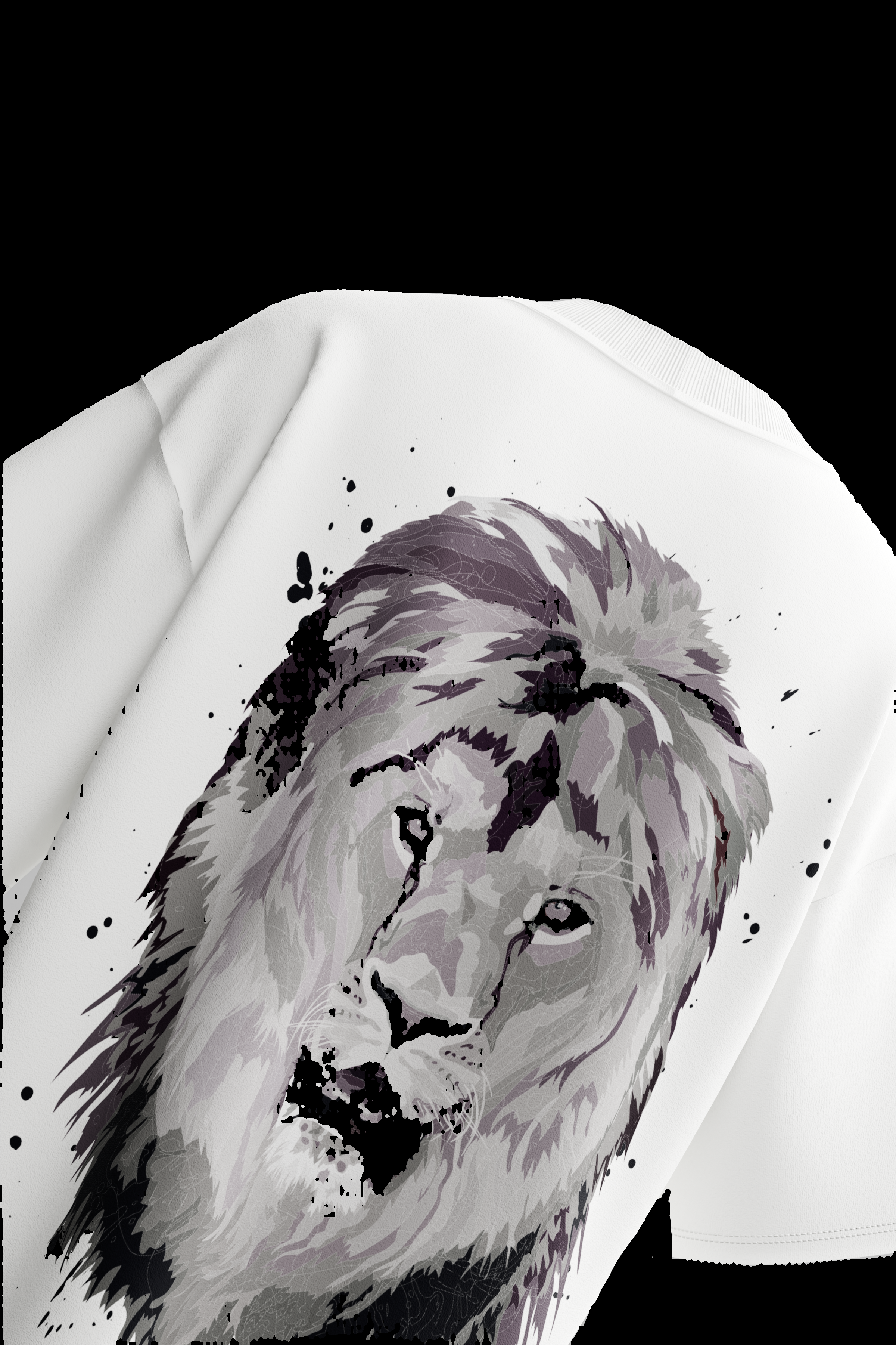 White tshirt with a black and gray lion graphic on a white background