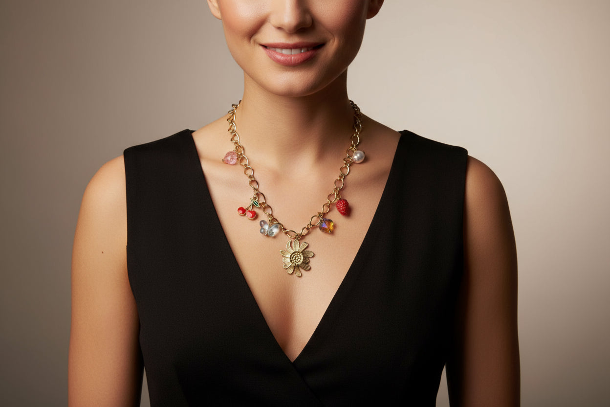 Gold necklace with floral pendant and colorful charms on a white background